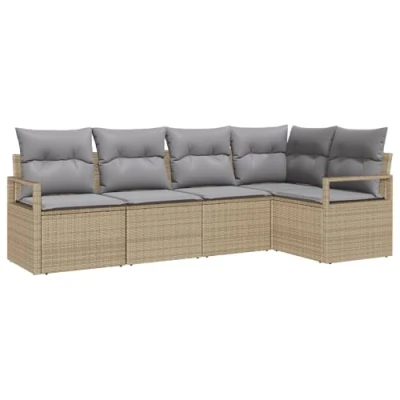 Afbeelding van vidaXL 5 delige tuinsofa set met kussens beige poly rattan, 2 zits opbergruimte &amp; rattan