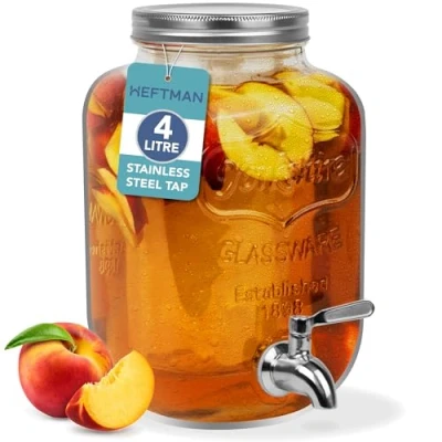 Afbeelding van HEFTMAN Glazen drankdispenser met kraan 3,7 liter Mason Jar Drinkdispenser lekvrije roestvrijstalen en ijscilinder koelkast waterdispenser, punch, cocktails, lege