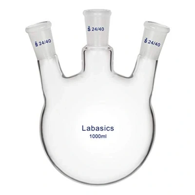 Afbeelding van Labasics Glas 1000 ml 3 hals Rondbodemkolf RBF, met 24/40 Midden en Zijkant Standaard Taps Toelopende Buitenverbinding
