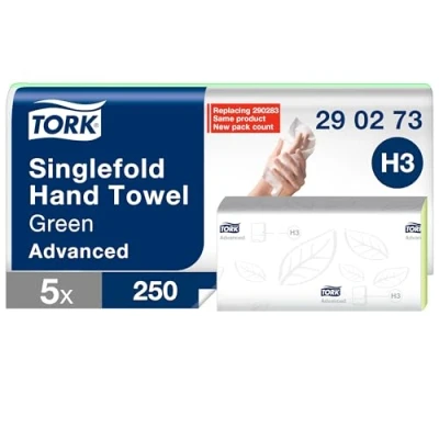 Afbeelding van Tork Z gevouwen papieren handdoeken groen H3, Advanced vouwhanddoeken voor handdoek dispenser, absorberend en scheurbestendig, 2 laags, 5 x 250 doeken, 290273