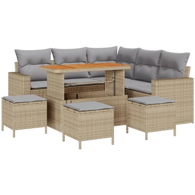 Afbeelding van vidaXL 8 delige Tuin Sofa Set met Kussens Beige Poly Riet Acacia, 3 Eet Acacia