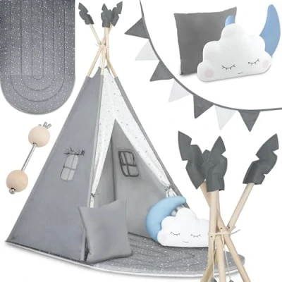 Afbeelding van Nukido Tipi TEEPEE Kindertent grijs met slinger, kussens, grote mat, stabilisator