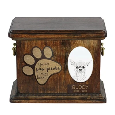 Afbeelding van Art Dog Custom Memorial Urn Handgemaakt Koud Gegoten Bronzen Portret op Berken Basis met Gepersonaliseerde Keramische Plaat 8,3x11,4x8,7 Chihuahua