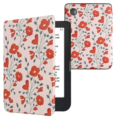 Afbeelding van kwmobile e reader hoesje compatibel met Kobo Clara 2E Magneetsluiting Ereader case Klaprozen in rood/groen/beige