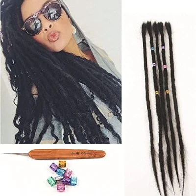 Afbeelding van 100% echt haar, dreadlock extensions, 50 cm, 5 strengen/verpakking, handgemaakte gehaakte dreadlocks extensie voor vrouwen/mannen, haar (zwarte kleur)