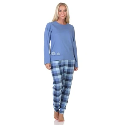 Afbeelding van Normann Damespyjama met lange mouwen, geruite broek en diermotief, donkerblauw, 36 38
