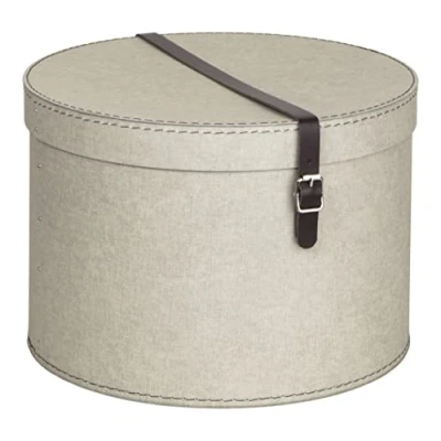 Afbeelding van BIGSO BOX OF SWEDEN RUT Set van 2 opbergdozen met deksel, ronde opbergbox leren riem, grote en kleine hoedendoosjes vezelplaat papier in linnenlook beige