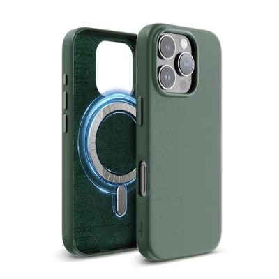 Afbeelding van elago Magnetische Leren Hoesje Compatibel met iPhone 16 Pro Case, alle MagSafe accessoires Ingebouwde Magneten, Veganistisch Leer, Schokbestendig, Waterbestendig (Middernachtgroen)