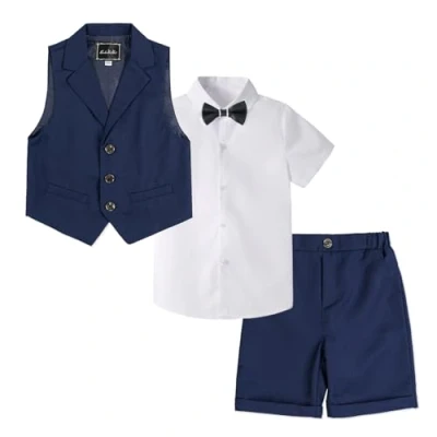Afbeelding van LOLANTA 4 delige vrijetijdspak voor kinderen, feestelijk zomertrouwpak jongens, overhemd met korte mouwen, vlinderdas, gilet, broek, donkerblauw, 160