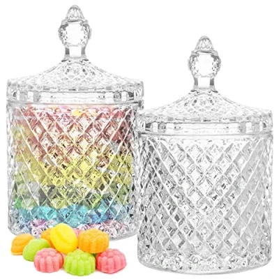 Afbeelding van WSAMJIN 2 stuks snoepglazen blikjes, kristalglas, snoepservies met deksel, decoratieve koepelvormige bewaarpotten snacks, voorraaddozen voor feestjes, snacks