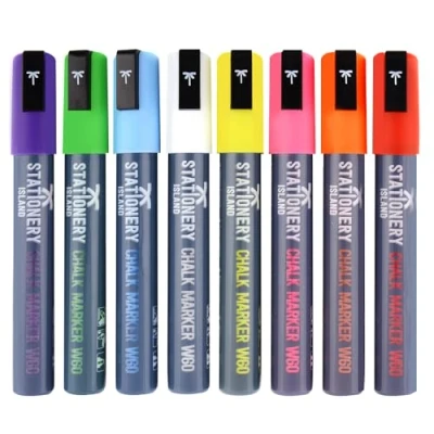 Afbeelding van Stationery Island Krijtstiften W60 Pak Van 8 Diverse Kleuren 6mm Penpunten whiteboardmarkeringen Nat Uitwisbaar krijtmarker. Hoge kwaliteit whiteboardpennen, whiteboardstiften.