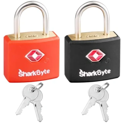 Afbeelding van SharkByte TSA bagagesloten met sleutels [2 stuks] Sleutelreissloten, kofferhangslot voor bagage, kleine sleutel messing gymkluisjes, laptoptassen, koffers, rugzakken, reistassen