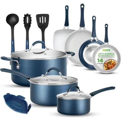 Afbeelding van Nutrichef 14 Delige Pannenset Hittebestendig Met Steelpan, Koekenpannen, Kookpotten, Braadpan, Deksels, Bruin, Roestvrij Staal, Blauw