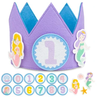Afbeelding van zeemeermin verjaardagskroon met verwisselbare getallen van 0 tot 9 &amp; thematische figuren BONNYCO Verjaardagsgeschenken 1ste verjaardag voor meisjes feestversiering