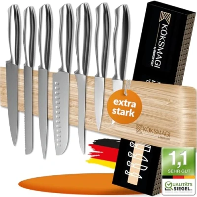 Afbeelding van KÖKSMAGI® Magneetlijst, mes van bamboe (40 cm), magnetische messenlijst met extreem sterke magneet voor zware messen, zelfklevend (3M plakband) en accessoires het boren