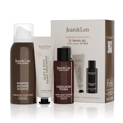 Afbeelding van Jean&amp;Len Cardamom en Tonka Reisset, ideaal klein cadeau of souvenir, producten voor lichaam geest, verpakking is FSC gecertificeerd, kleine reisformaten, veganistische cadeauset
