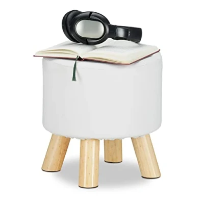 Afbeelding van Relaxdays Kruk kunstleer, gewatteerd, 4 houten poten, vlakke voetenkruk, ronde decoratieve kruk, H x D: 30 cm, wit, grootte