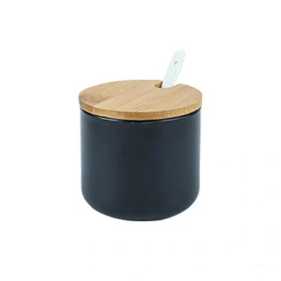 Afbeelding van OnePine Keramische kruidenpotjes, zoutpot, keramiek, suikerpot, met lepel en bamboe deksel, voor thee, suiker, zout specerijen, 260 ml