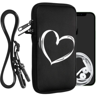 Afbeelding van kwmobile Tasje voor smartphones XXL 7&quot; Hoesje van neopreen in wit / zwart Phone case met nekkoord Brushed Hart design