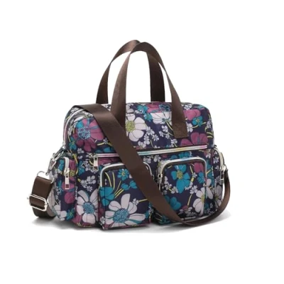 Afbeelding van KONO Lichte dameshandtas met bloemenpatroon, waterdichte hengseltas, grote schoudertas voor vrouwen, multifunctionele werk, shopper, reizen, marineblauw
