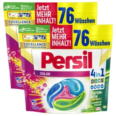 Afbeelding van Persil Color 4 in 1 DISCS, 152 (2 x 76 wasbeurten), kleurwasmiddel met Dieptereinig Plus technologie voor heldere kleuren, 92% biologisch afbreekbare ingrediënten*
