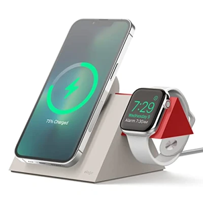 Afbeelding van elago MS5 Duo Oplaadstandaard Compatibel met MagSafe Lader, iPhone 15,14,13, 12 Series, Apple Watch Alle Series [Lader Niet Inbegrepen] (Stone + Rood)