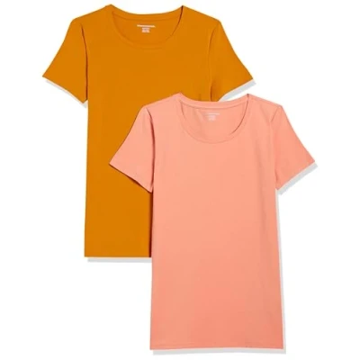 Afbeelding van Amazon Essentials Women&#039;s T shirt met korte mouwen en ronde hals in klassieke pasvorm, Pack of 2, Goudgeel/Koraaloranje, XL