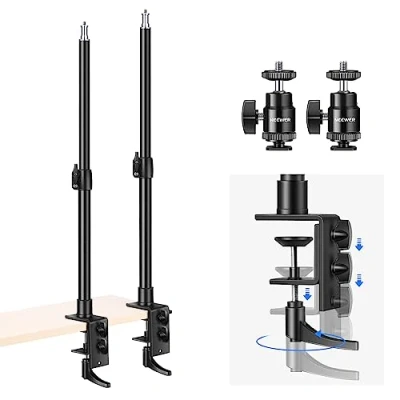 Afbeelding van NEEWER Camera tafelhouder met C klem, set van 2 13,8 23,6 inch verstelbaar desktoplichtstatief, tafelstatief 1/4 kogelkop, cold shoe mount adapter, lange handgreep voor DSLR, max. belasting