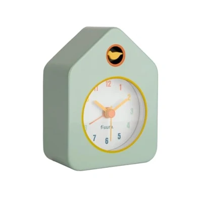 Afbeelding van Fisura Mini huisje wekker groen. Analoge zonder tikken, originele wekker. Kleine Afmetingen: 9,7 cm x 7,3 4,5 cm. Werkt op 1 AA batterij