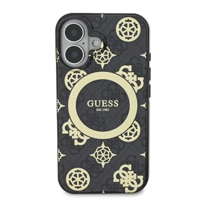 Afbeelding van GUESS, Backcover Geschikt voor Apple iPhone 16 met pioenroosmotief 4G MagSafe, Zwart