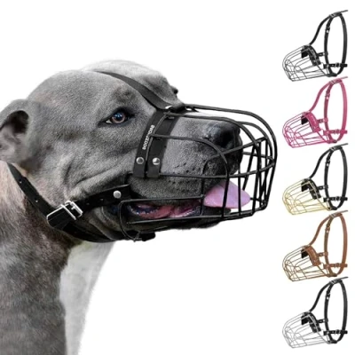 Afbeelding van BRONZEDOG pitbull hondenmuilkorf metalen masker, Amstaff draadmand, verstelbare lederen banden voor grote honden (zwart)