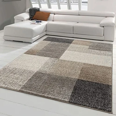 Afbeelding van Teppich Traum Modern woonkamertapijt met vierkante patronen onderhoudsvriendelijk grijs beige, afmeting 140x200 cm