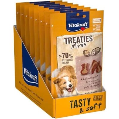 Afbeelding van Vitakraft Treaties Minis, hondensnackper, met leverworst, hoog vleesgehalte, ter beloning tussendoor, in voorraadgrootte, zonder toegevoegde suiker en granen (8 x 48 g)