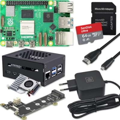 Afbeelding van Raspberry Pi 5 8 GB PCIe M.2 NVMe Kit metalen behuizing Active Cooler SSD Board USB C 27W voeding 64GB SD kaart 4K Micro HDMI kabel