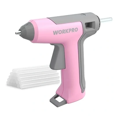 Afbeelding van WORKPRO lijmpistool snoerloos 3,6V, met 20 lijmsticks 7mm &amp; laadkabel, 90s verwarming, USB opladen, compact formaat 15,8 x 16 cm, grijs en roze