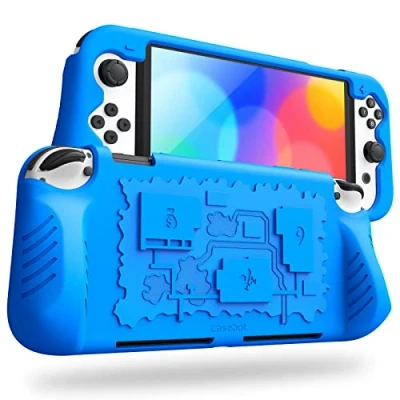 Afbeelding van Fintie Hoes compatibel met Nintendo Switch (OLED model) 2021 gemaakt van zachte siliconen antislip schokbestendige beschermhoes 3 speelkaarthouders, ergonomische grip design handvat cover case, (Blauw)