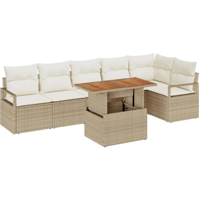 Afbeelding van vidaXL 7 delige Tuin Sofa Set met Kussens Beige Poly Riet Acacia