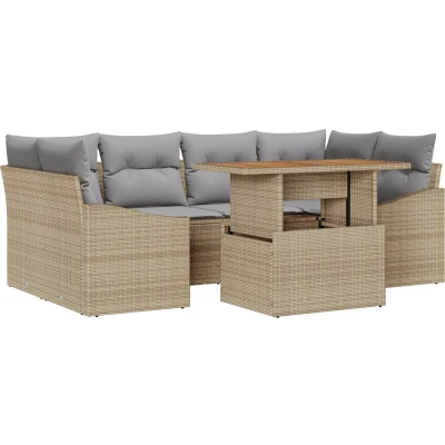 Afbeelding van vidaXL 7 delige Tuin Eet Set met Kussens Beige Poly Rattan Acacia
