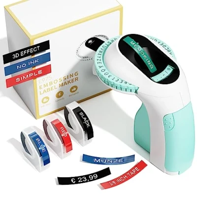Afbeelding van Memoking E975 Labelapparaat, zelfklevend, met 3 rollen reliëfbanden, 3D handapparaat, labelprinter reliëf, draagbare voor organisatie, doe het zelf (£/, E, Ö, Ü)