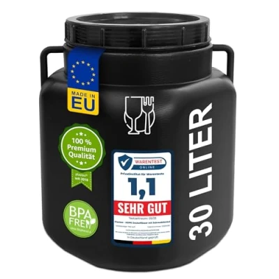 Afbeelding van plasteo® 30 liter brede hals met deksel en handgrepen, rechthoekig, zwart, geschikt voor levensmiddelen BPA vrij, kunststof vat, universeel dekselvat, watervat, regenton, opslagvat