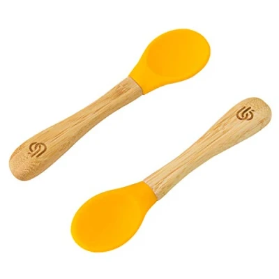 Afbeelding van bamboo ® Babyspeenlepels Set van 2 Bamboe met zachte siliconen tips Ergonomische handgrepen gemakkelijke grip BPA vrij (set 2, geel)