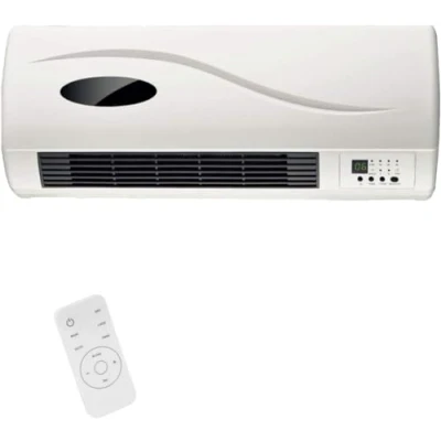 Afbeelding van Bakaji Elektrische keramische ventilatorkachel voor wandmontage, met afstandsbediening, 2 selecteerbare vermogensniveaus, 1000 W/2000 W, led display en timerfunctie (50 cm breed)