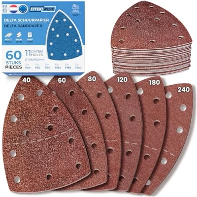 Afbeelding van EffektWerk Delta schuurpapier (60 stuks, 11 gaten), 105 x 152 mm driehoekige schuurpads voor muisschuurmachines, meerdere korrelgroottes (40, 60, 80, 120, 180, 240)