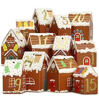 Afbeelding van Papierdrachen DIY adventskalender om te knutselen en vullen huisjes set peperkoekhuisjes 24 kleurrijke vouwdozen op zetten versieren herbruikbaar