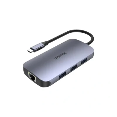 Afbeelding van uHUB Unitek D1071A N9+ 9 in 1 USB C Ethernet Hub met HDMI, 100W Power Delivery en Card Reader/Aluminium/Nylon Kabel/USB A, (voeding), HDMI 2.0, Reader, aansluiting RJ 45