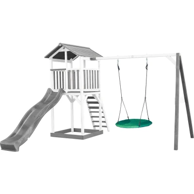 Afbeelding van AXI Beach Tower Speeltoestel van hout in Grijs en Wit Speeltoren met zandbak, nestschommel grijze glijbaan