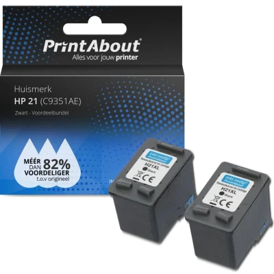 Afbeelding van Huismerk HP 21 (C9351AE) Inktcartridge Zwart Voordeelbundel 2 pack