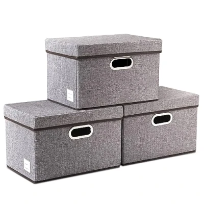 Afbeelding van PRANDOM opvouwbare opbergdozen met deksel, linnen stof, opbergdoos, organizer, container, manden, kubussen afdekking, voor thuis, slaapkamer, kast, grijs 3stuks 38 x 25 cm