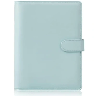 Afbeelding van HAUTOCO A5 ringmap van PU leer, omslag voor navulbaar papier, notitieboek, planner, organizer, ringband met magnetische sluiting, mintblauw