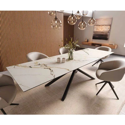 Afbeelding van DELIFE Eetkamertafel Edge 300x100 keramiek Calacatta Luxe wit goud grijs kruisframe rechthoek zwart